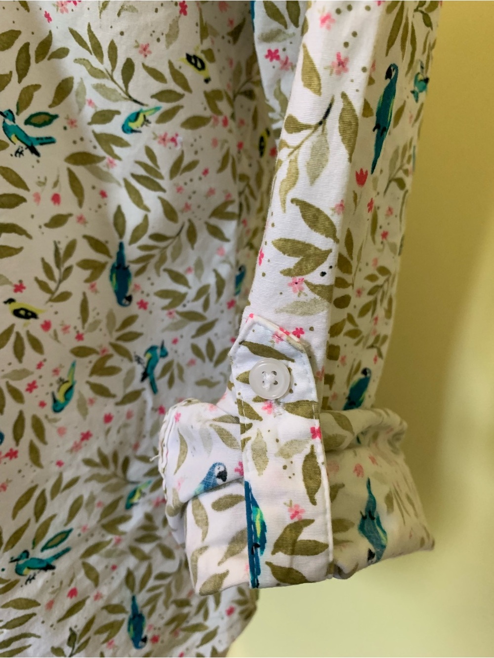 Cotton Blue Bird Print Button Blouse Floral Adjustable Button Tab Sleeve - Picture 6 of 9